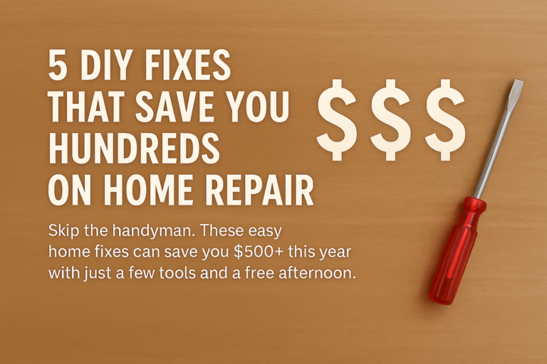 DIY fixes save money graphic featuring a flathead screwdriver and dollar signs on a wood background