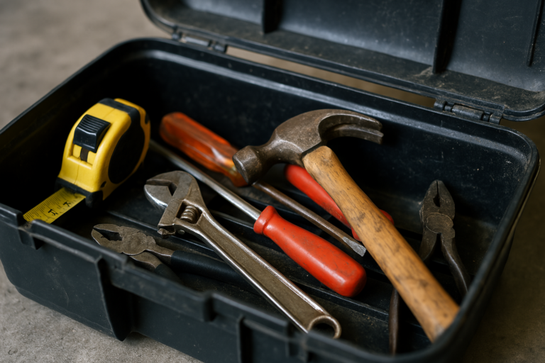 Open toolbox with essential hand tools including wrench, hammer, and tape measure on concrete background