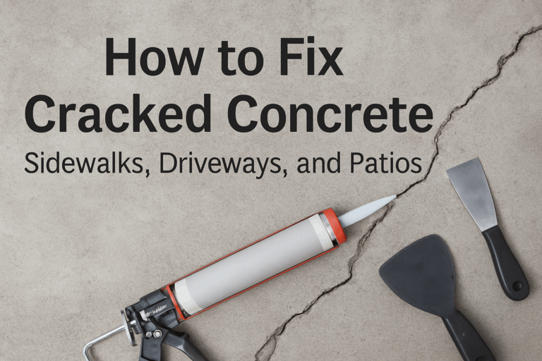 Cracked driveway and tools used for concrete crack repair, featured in a spring home improvement post