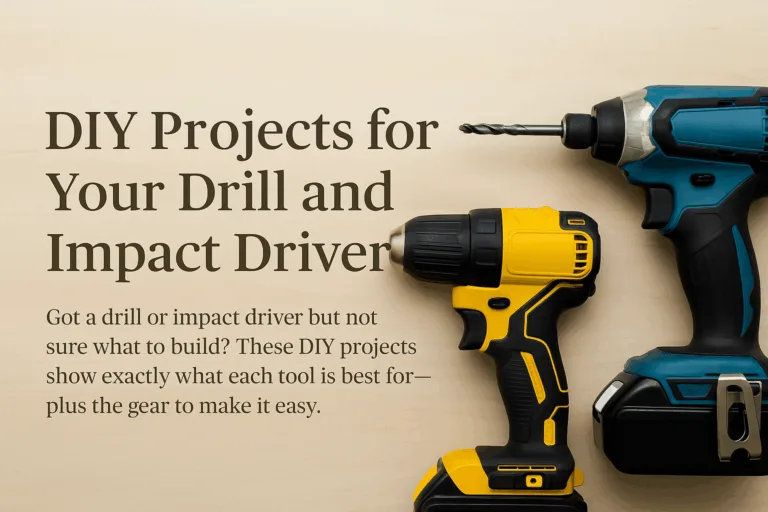 Simple horizontal featured image for DIY drill vs driver projects, showing clean workbench background with silhouette outlines of power tools and project icons