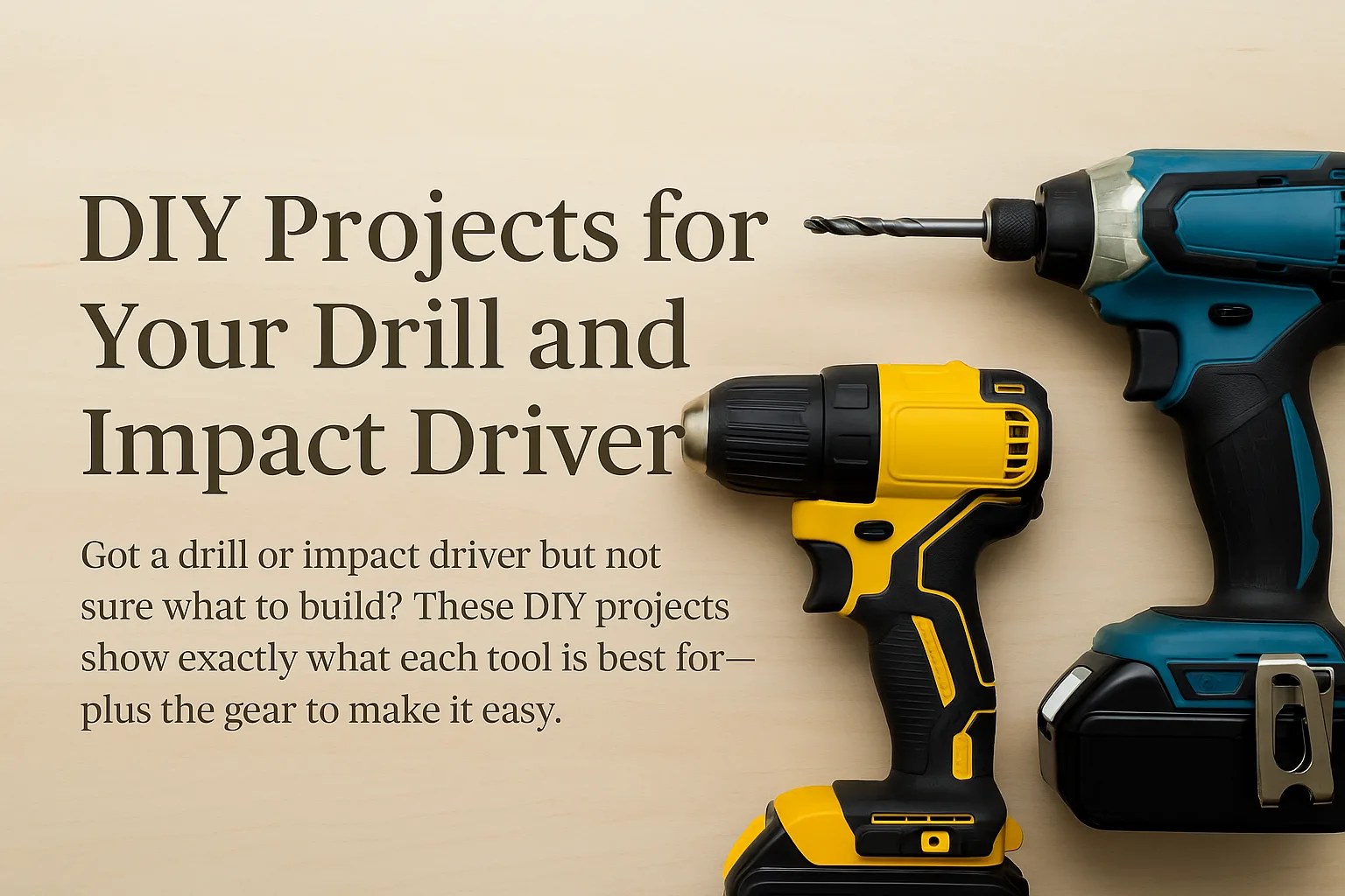 Simple horizontal featured image for DIY drill vs driver projects, showing clean workbench background with silhouette outlines of power tools and project icons