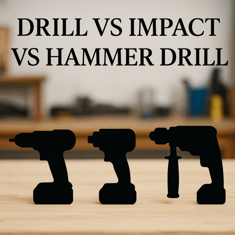 Silhouettes of a drill, impact driver, and hammer drill with DIY home setting in background—labeled for comparison