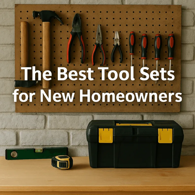 garage wall with essential tools like a level, hammer, and drill hanging on a pegboard—organized but clearly used, ideal for a real DIYer setup.