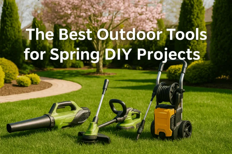 Spring yard tools and projects staged in a tidy backyard shed, representing achievable spring yard projects