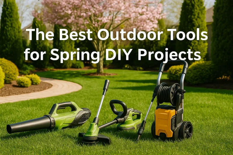Spring yard tools and projects staged in a tidy backyard shed, representing achievable spring yard projects