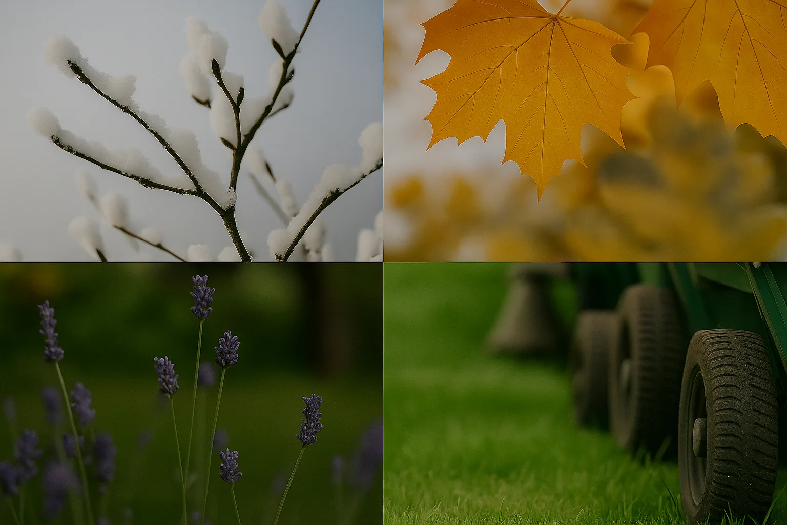 Four seasonal photos showing home maintenance across spring, summer, fall, and winter with guide title overlayed in white text.