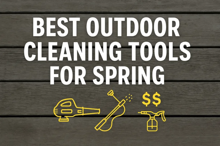 Featured image for outdoor cleaning tools post, showing spring cleaning gear including a blower, power scrubber, and hose sprayer on patio background