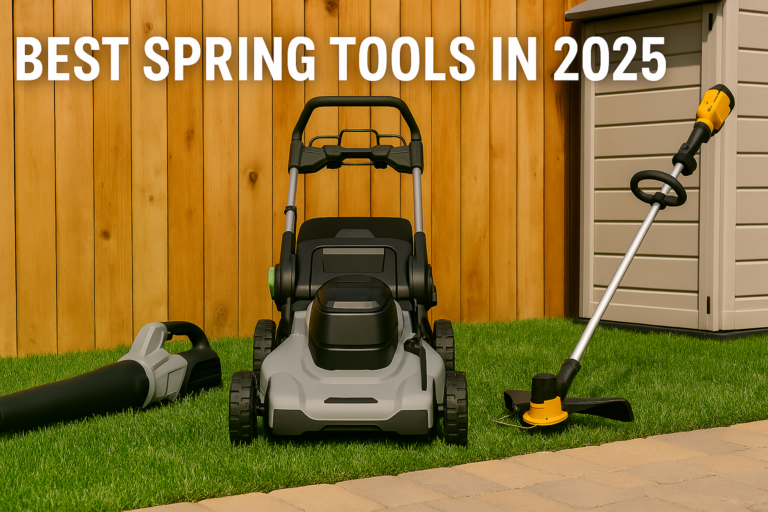 Three cordless spring yard tools—blower, mower, and trimmer—on green grass with shed and fence in background under the title 'Best Spring Tools in 2025'.