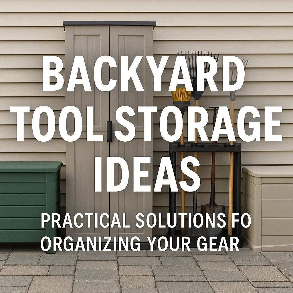 Backyard tool storage ideas including a bench, vertical shed, and rolling garden cart in an outdoor setup.