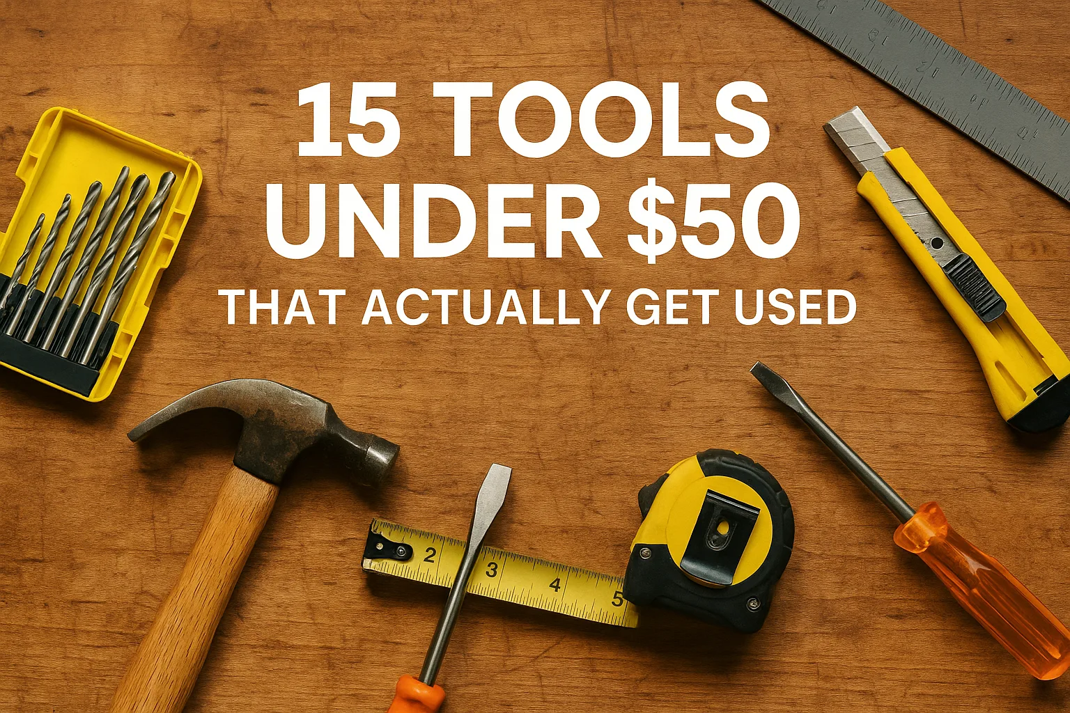 Flat lay of budget-friendly DIY tools arranged on a wooden workbench, including a hammer, tape measure, drill bits, utility knife, and screwdriver, with the blog title '15 Tools Under $50 That Actually Get Used' overlaid.