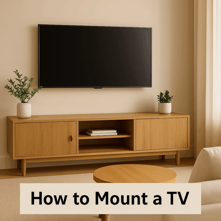 A clean, modern living room featuring a wall-mounted TV with a minimal and professional setup