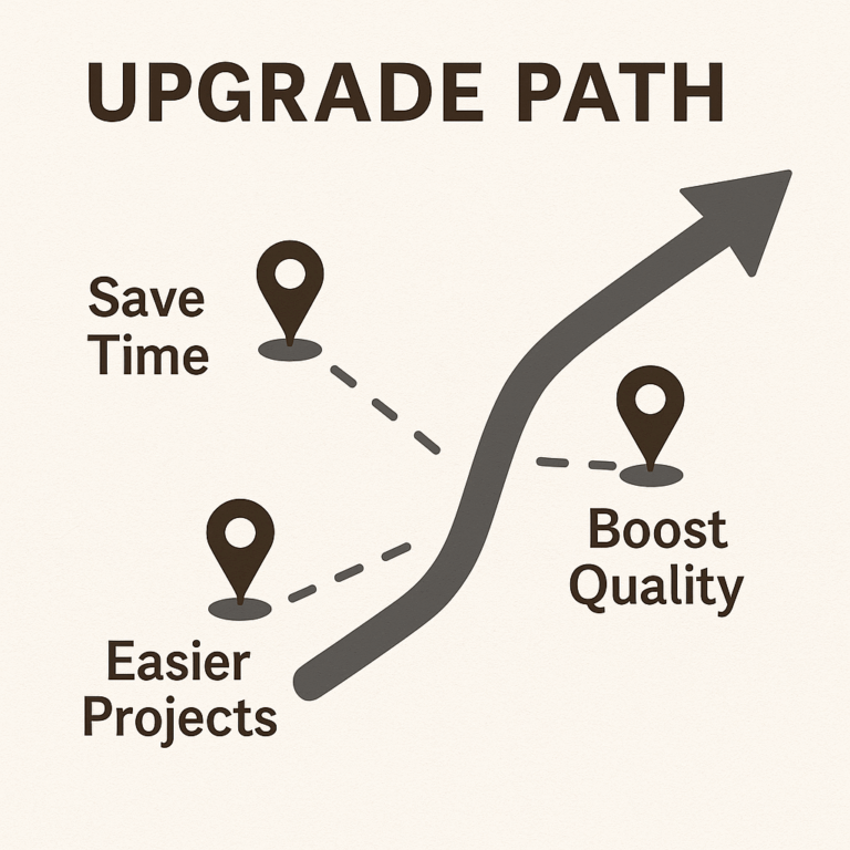 Illustration of a DIY tool upgrade path with pins marking save time, boost quality, and easier projects on a toolbox-shaped treasure map.