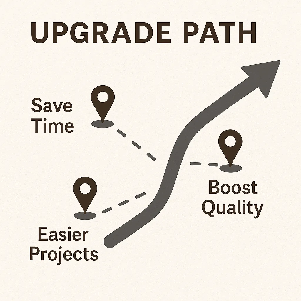 Illustration of a DIY tool upgrade path with pins marking save time, boost quality, and easier projects on a toolbox-shaped treasure map.