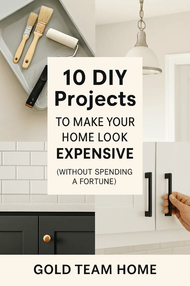 Paint tray, light fixture, tile backsplash, and cabinet hardware with text overlay: "10 DIY Projects to Make Your Home Look Expensive (Without Spending a Fortune)"