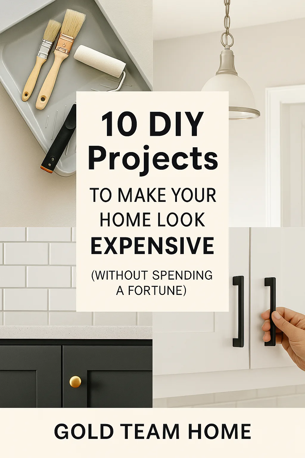Paint tray, light fixture, tile backsplash, and cabinet hardware with text overlay: "10 DIY Projects to Make Your Home Look Expensive (Without Spending a Fortune)"