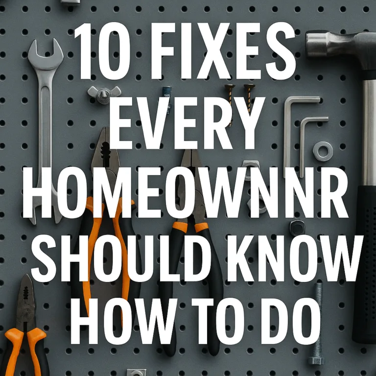 A clean digital graphic showing “10 Fixes Every Homeowner Should Know” on a DIY-themed background, aimed at new homeowners or DIY beginners.