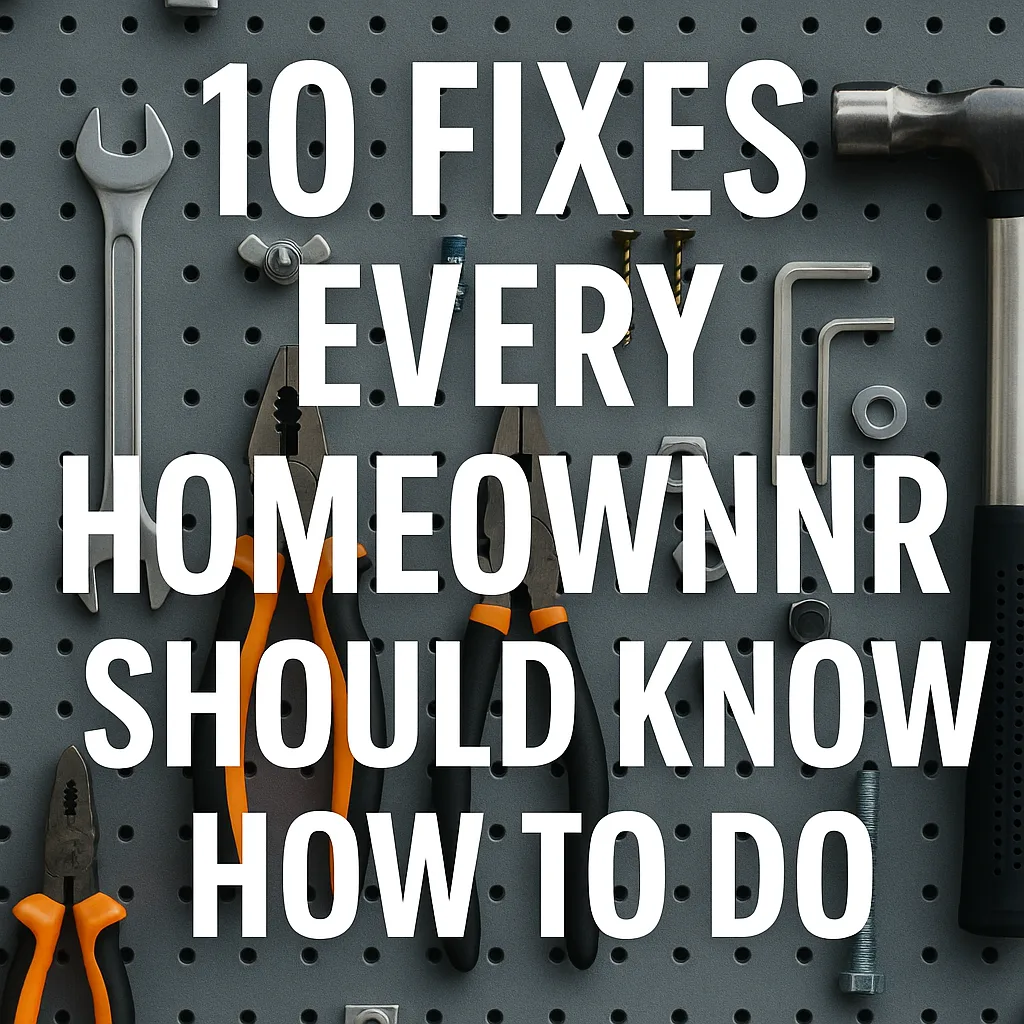 A clean digital graphic showing “10 Fixes Every Homeowner Should Know” on a DIY-themed background, aimed at new homeowners or DIY beginners.