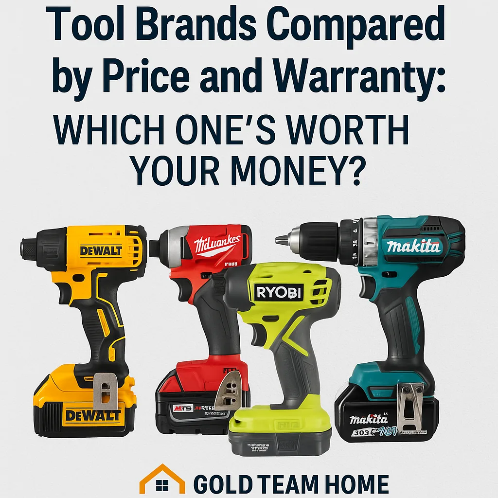 A digital comparison graphic featuring the logos and color schemes of top DIY tool brands — DEWALT, Milwaukee, Makita, and Ryobi — with bold text overlay that reads “Tool Brands Compared by Price & Warranty.” Designed for a blog post about choosing the best power tools for homeowners and DIYers.