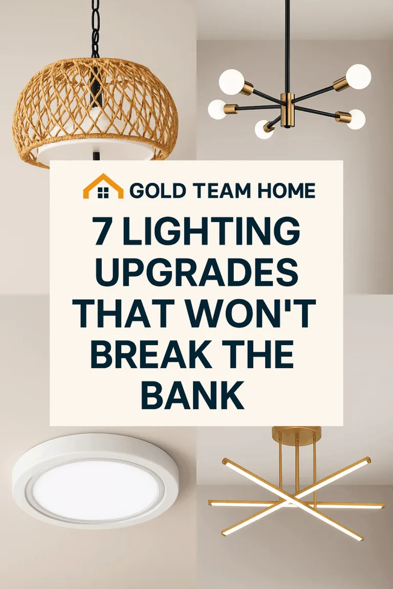 Collage of four modern light fixtures including a recessed LED panel, matte black pendant light, bold chandelier, and contemporary ceiling fan — all shown installed in stylish home interiors.