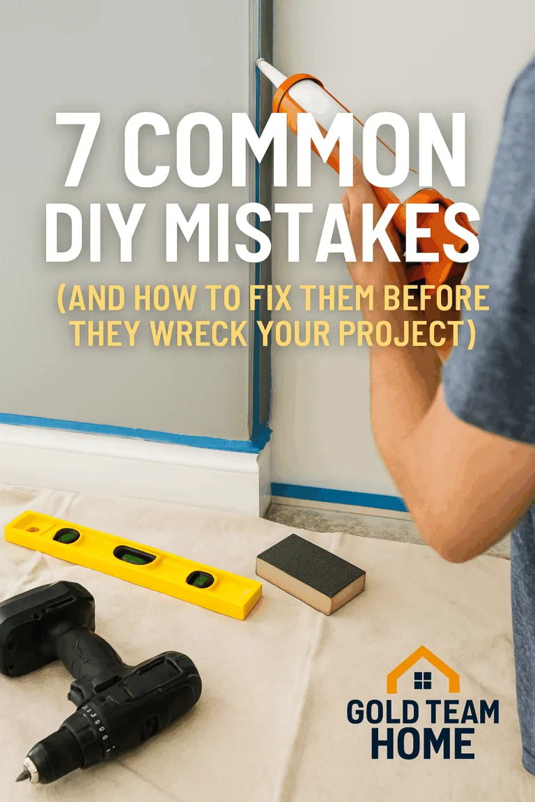 A realistic DIY scene showing a home painting project in progress — with a drop cloth, blue painter’s tape, and tools like a level and sanding sponge laid out on the floor. Overlaid text reads “7 Common DIY Mistakes (And How to Fix Them).”
