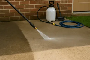 Outdoor concrete patio being cleaned with water and scrub brush during DIY maintenance project