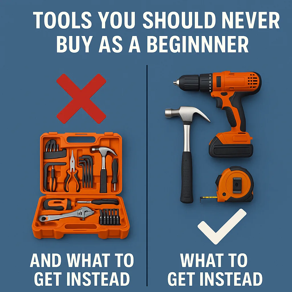 Graphic showing tools beginners should avoid vs smarter tool choices — geared toward new homeowners and DIYers.