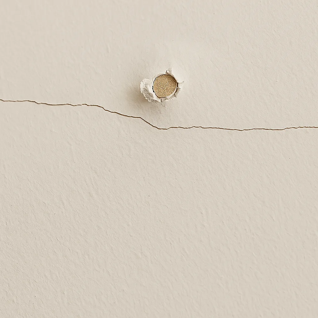 Close-up of a painted interior wall showing a patched nail pop and a fine drywall crack repair, prepped for sanding or painting