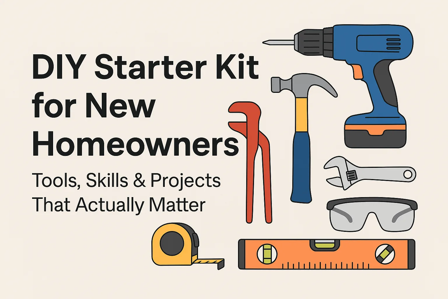 Flat-style graphic illustration showing essential DIY tools for new homeowners, including a power drill, hammer, wrench, tape measure, level, safety glasses, and pipe wrench, with bold overlay text that reads “DIY Starter Kit for New Homeowners – Tools, Skills & Projects That Actually Matter” on a light beige background.