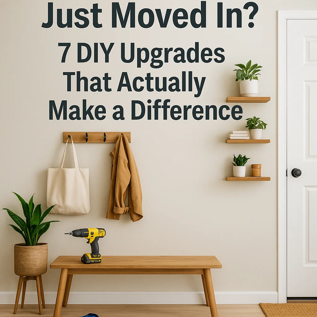 A realistic photo of a clean, modern entryway with a wood bench, wall hooks, plants, and a tool tote on the floor, overlaid with bold text that reads “Just Moved In? 7 DIY Upgrades That Actually Make a Difference”
