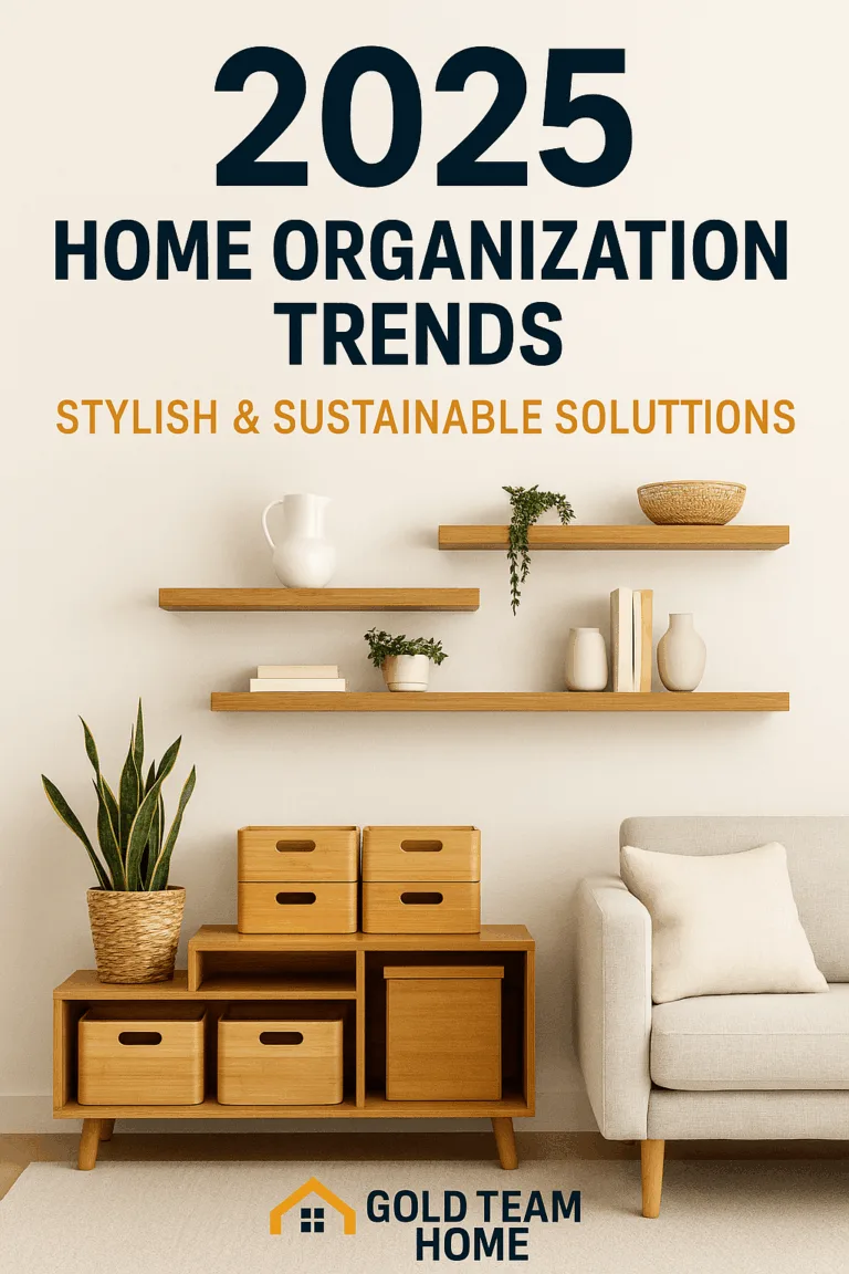 A modern, organized living room featuring bamboo storage boxes, floating wood shelves with minimal decor, a neutral-toned couch, and a snake plant — illustrating stylish and sustainable home organization trends for 2025.