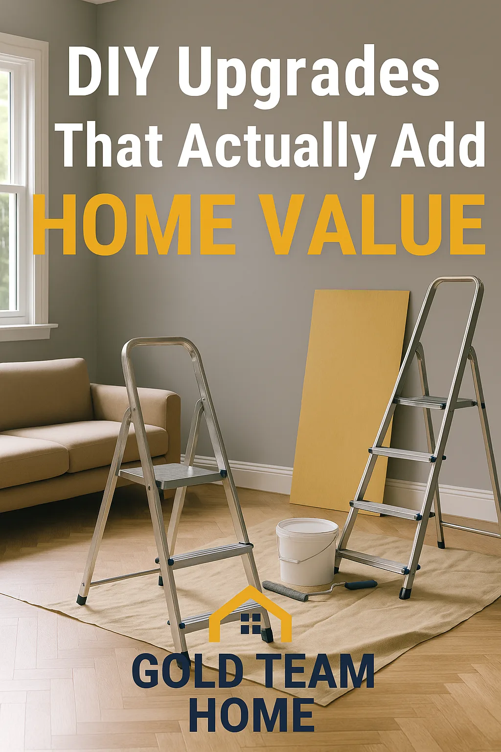 A room in mid-upgrade with ladders, paint supplies, and clean styling, representing DIY upgrades that add home value