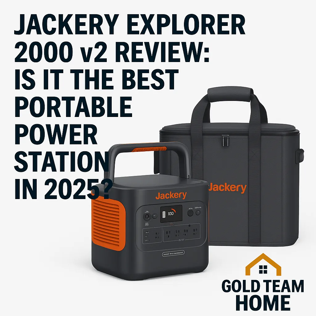 A digital image featuring the Jackery Explorer 2000 v2 portable power station and insulated carrying case, with a clean text overlay that reads “Jackery Explorer 2000 v2 Review: Is It the Best Power Station in 2025?” — designed for a blog post about emergency and off-grid backup power.