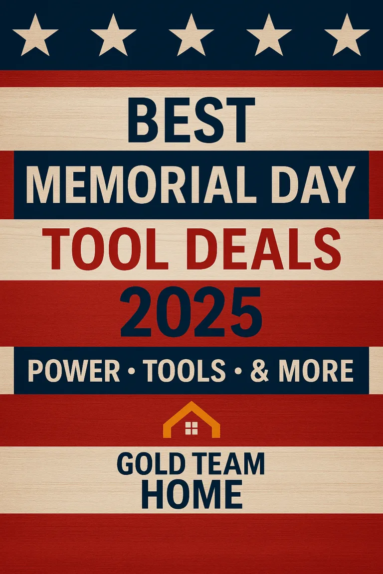 Promotional graphic for Gold Team Home featuring bold text that reads “Best Memorial Day Tool Deals 2025 – Power • Tools • & More” over a red, white, and blue patriotic background with stars and stripes, styled like the American flag.
