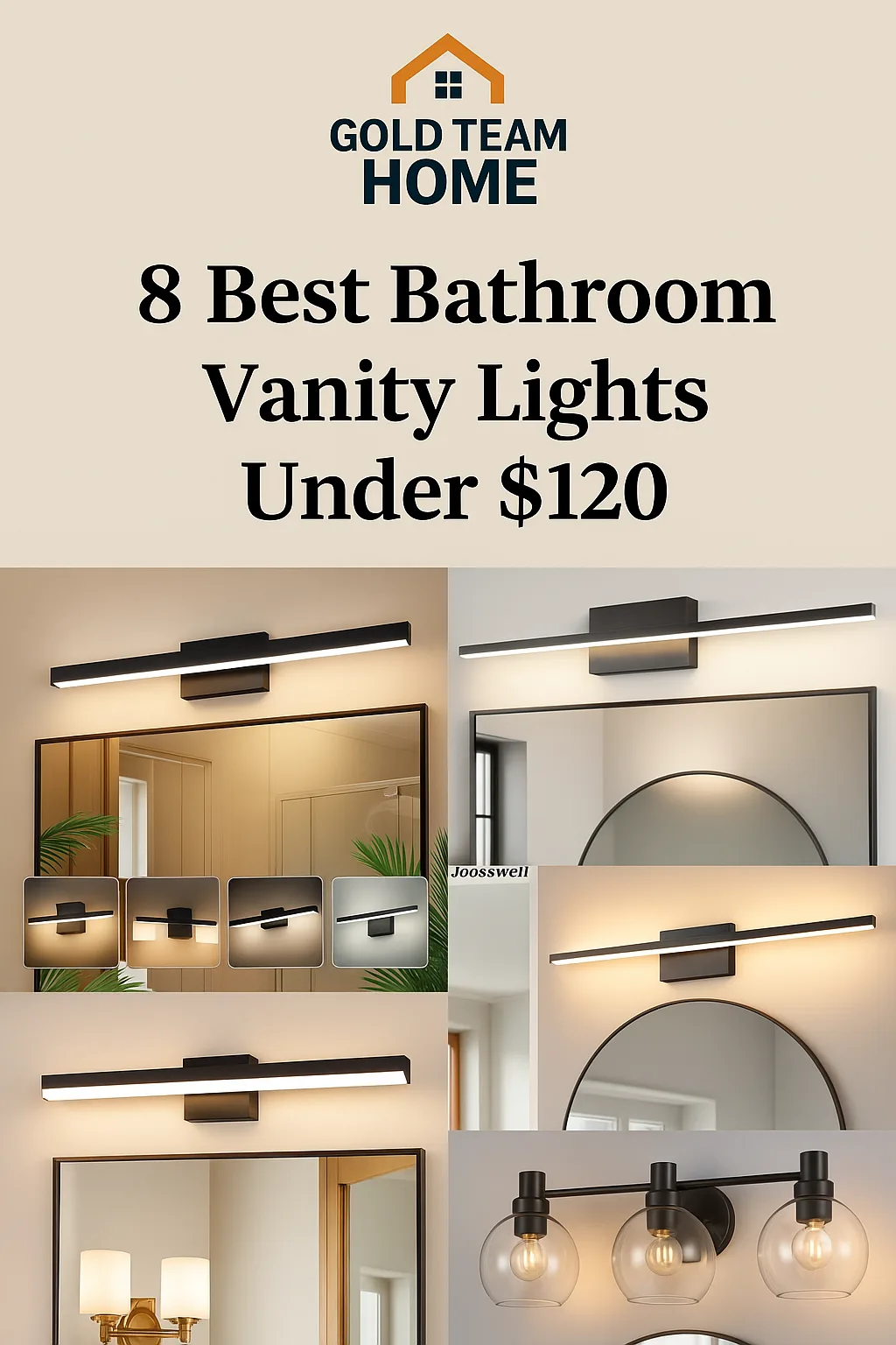 “Modern bathroom vanity light fixtures under $150 — affordable, stylish lighting for mirrors in black, gold, and brushed nickel finishes.”