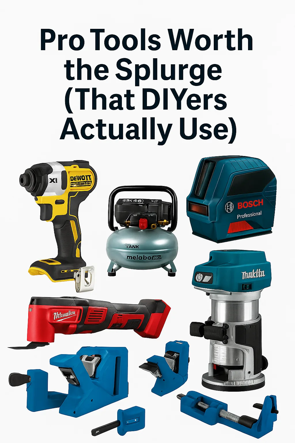 A lineup of premium pro tools DIYers actually use, including a cordless impact driver, air compressor, oscillating tool, laser level, track saw, and router, displayed on a textured dark background with the headline "Pro Tools Worth the Splurge"