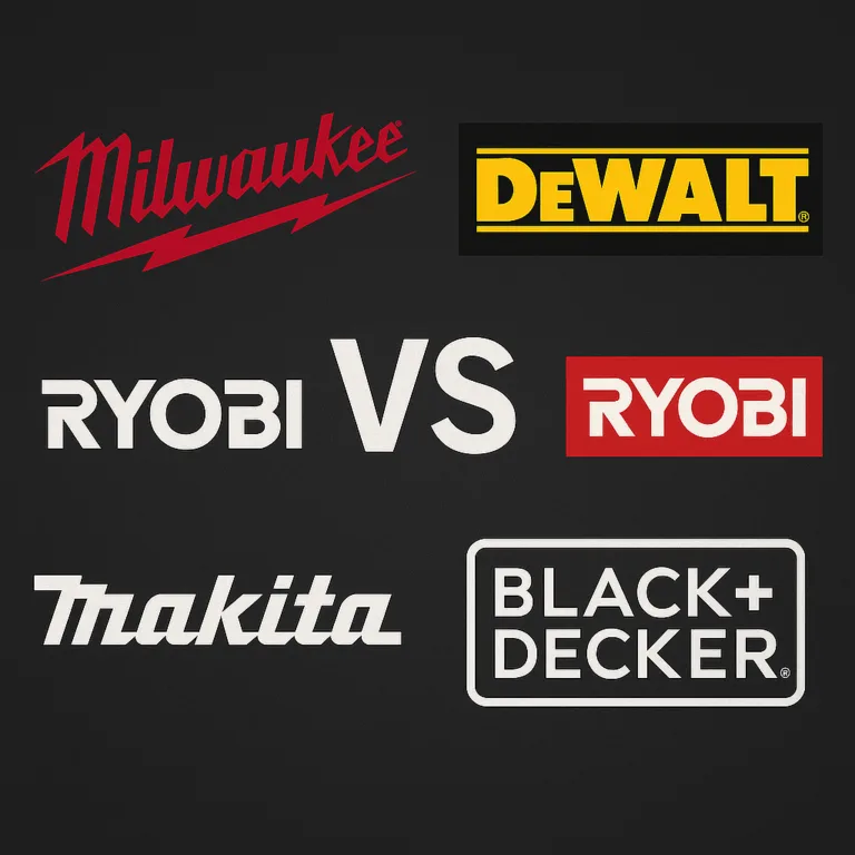 Comparison graphic showing the logos of six major power tool brands: Milwaukee, DEWALT, Makita, Ryobi, BLACK+DECKER, and SKIL — used in a head-to-head match-up for DIY tool buyers.
