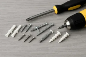 Various types of wall anchors and screws on a work surface for a DIY guide on what size wall anchors to use