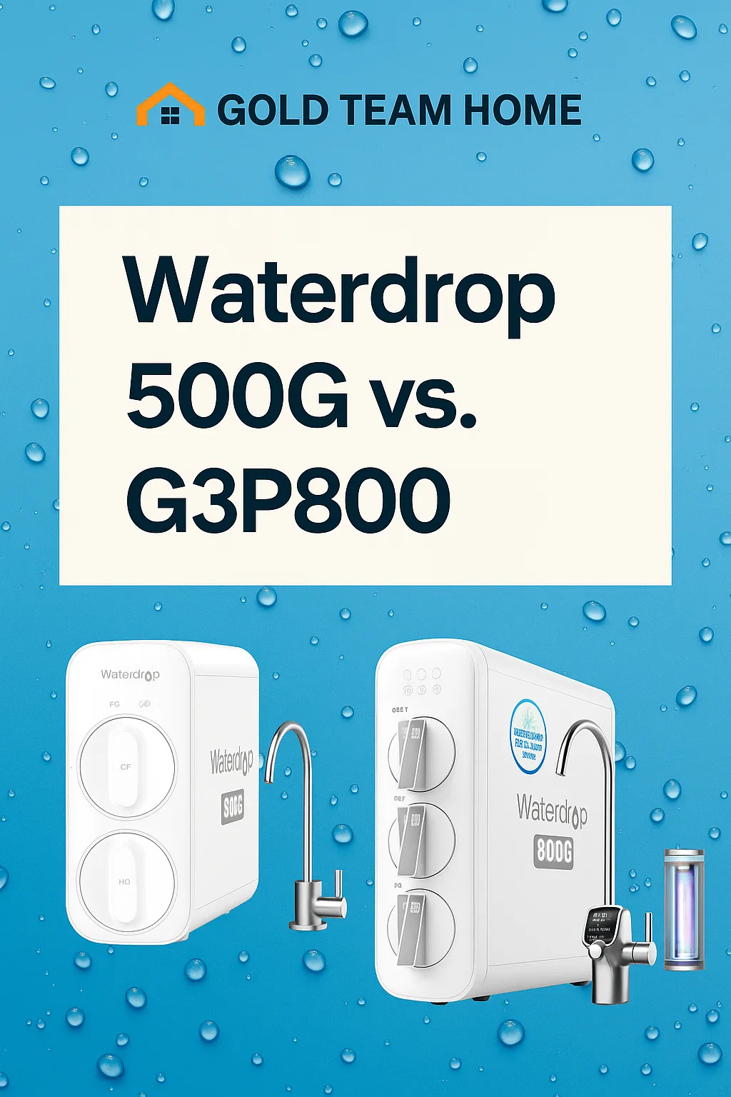 "Side-by-side comparison graphic of the Waterdrop G3P800 and G5P500 reverse osmosis systems with a water droplet background, created by Gold Team Home."