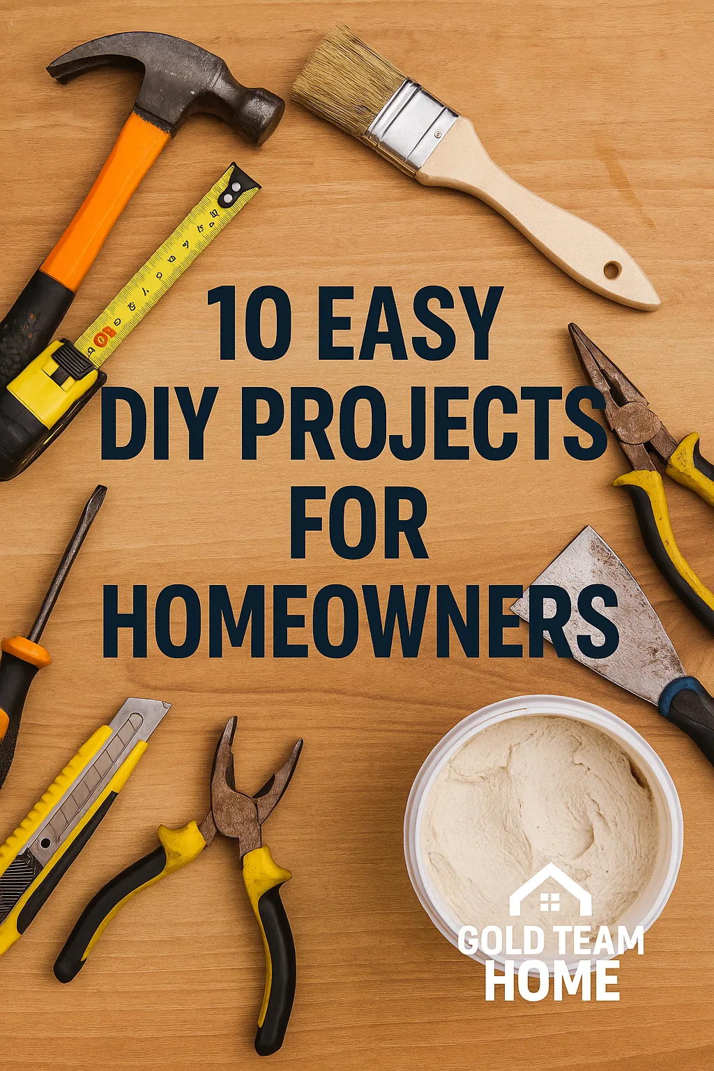 Flat lay of beginner tools on a wood surface — including a tub of spackle, screwdriver, and tape measure — promoting DIY fixes that are cheaper than calling a pro.