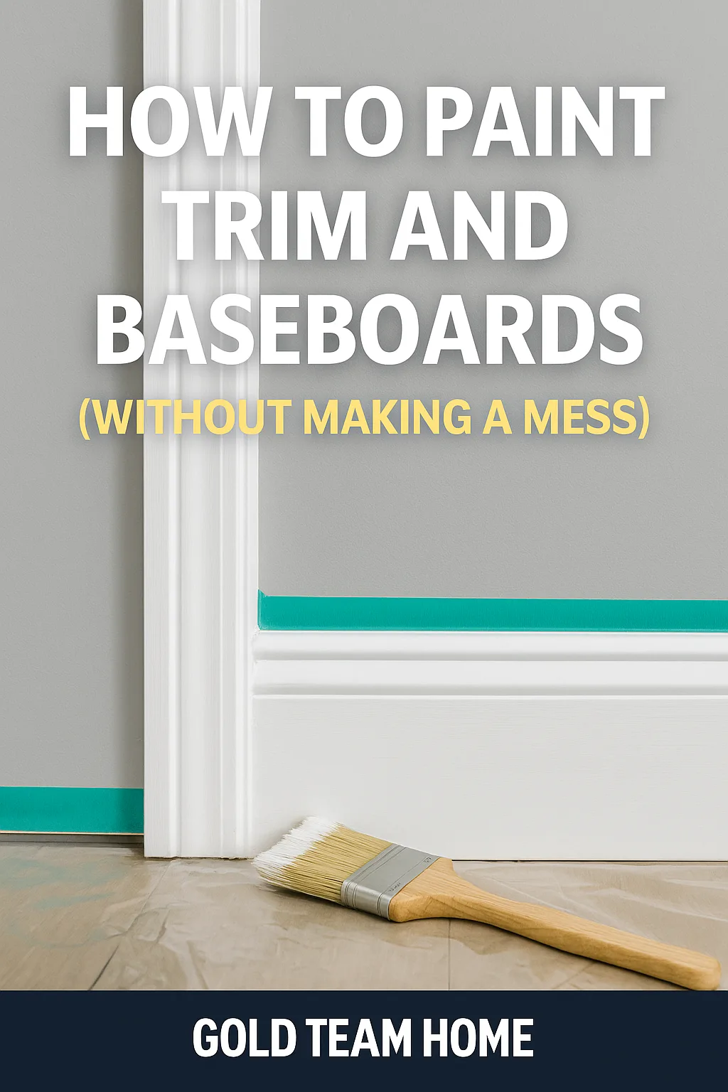 Clean featured image with the title ‘How to Paint Trim and Baseboards’ over a close-up of freshly painted white baseboards against a light-colored wall, styled for a home improvement blog.