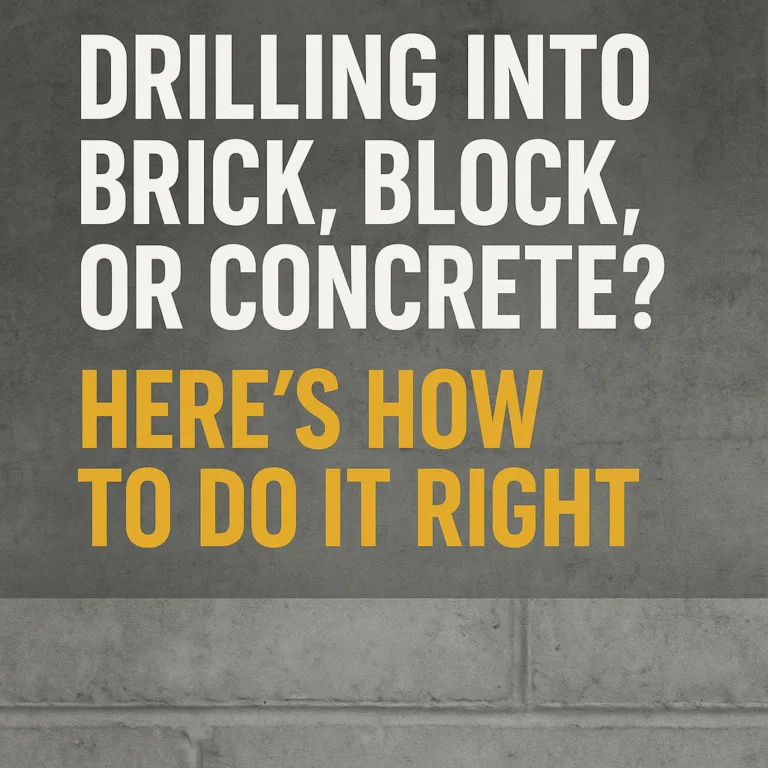 Graphic design image featuring the bold title “Drilling Into Brick, Block, or Concrete? Here’s How to Do It Right” on a clean, neutral background with structured layout lines. Designed as a featured image for a DIY blog post on masonry drilling.