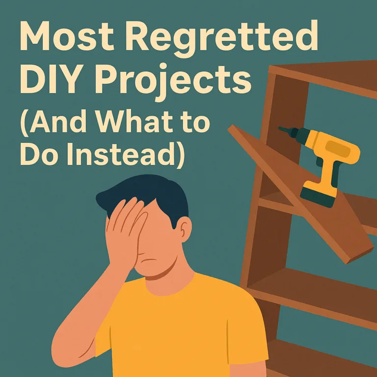 Graphic illustration with bold text reading ‘Most Regretted DIY Projects’ on a clean background, designed for a home improvement blog post.