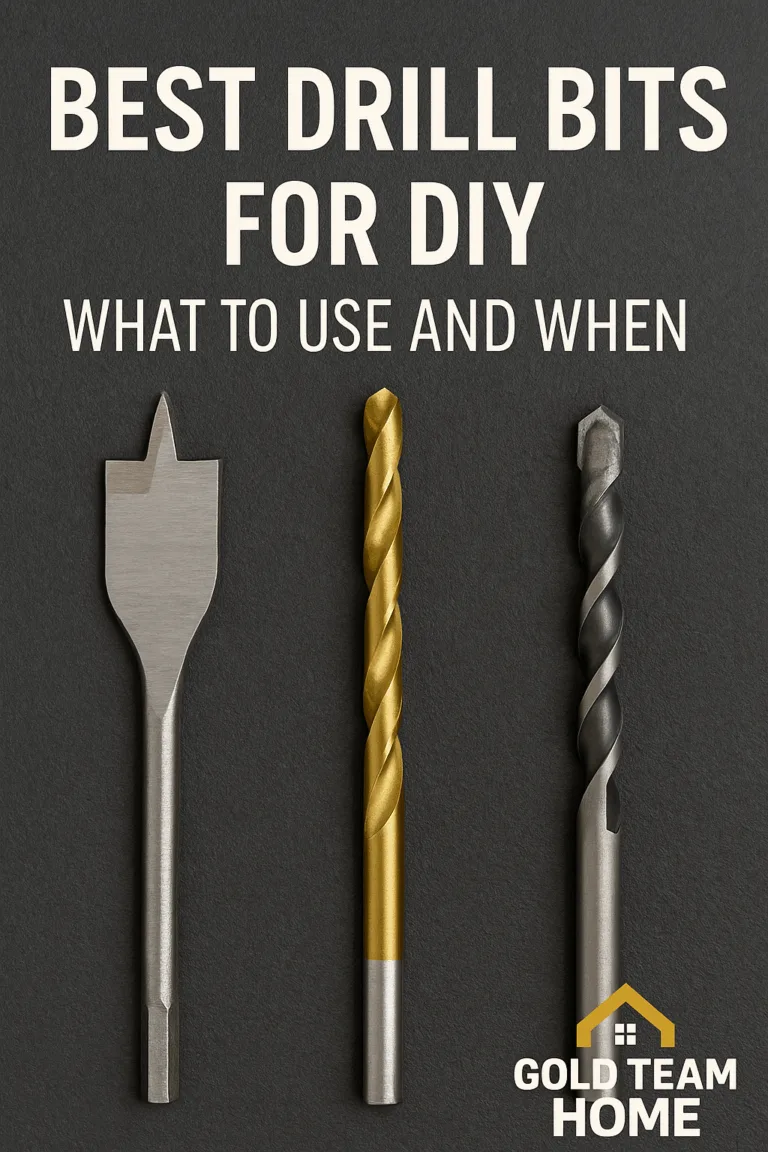 Clean overhead shot of three accurate drill bits — spade, titanium-coated twist, and masonry — aligned on a dark textured background. Overlay text reads “Best Drill Bits for DIY: What to Use and When” with the Gold Team Home logo in the corner.