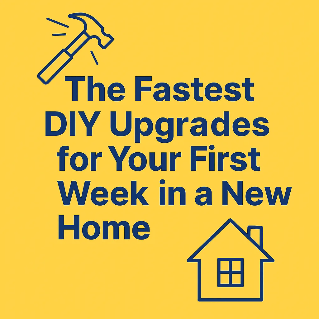 Graphic image displaying the title 'Fast DIY Upgrades for New Homeowners' with clean, modern typography over a background of moving boxes and a freshly painted room.