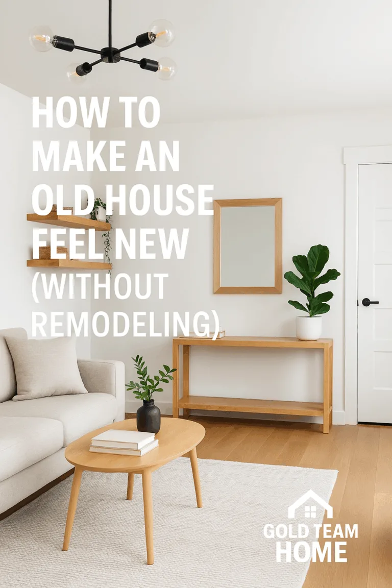 Modern living room with fresh white walls, updated light fixture, wood accents, and minimalist decor — showing how to make an old house feel new without remodeling.
