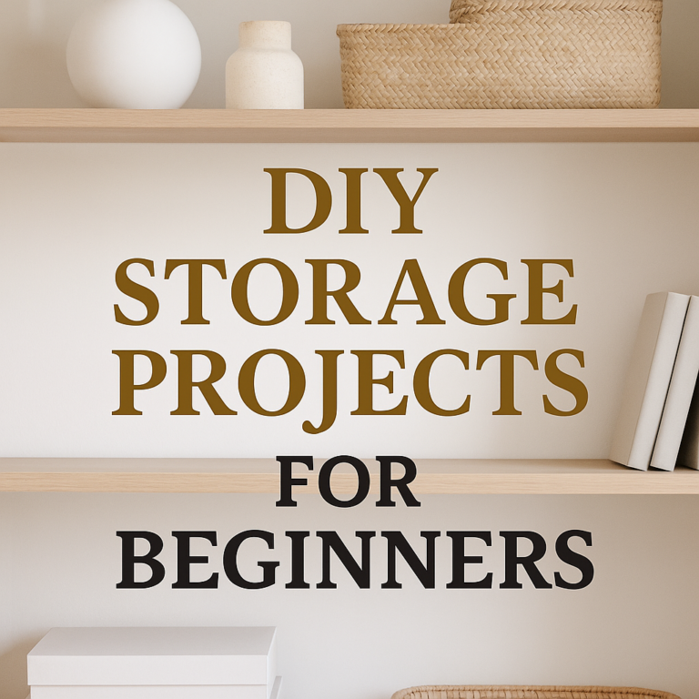 DIY storage projects for beginners – clean home shelving with bold overlay text and Gold Team Home branding