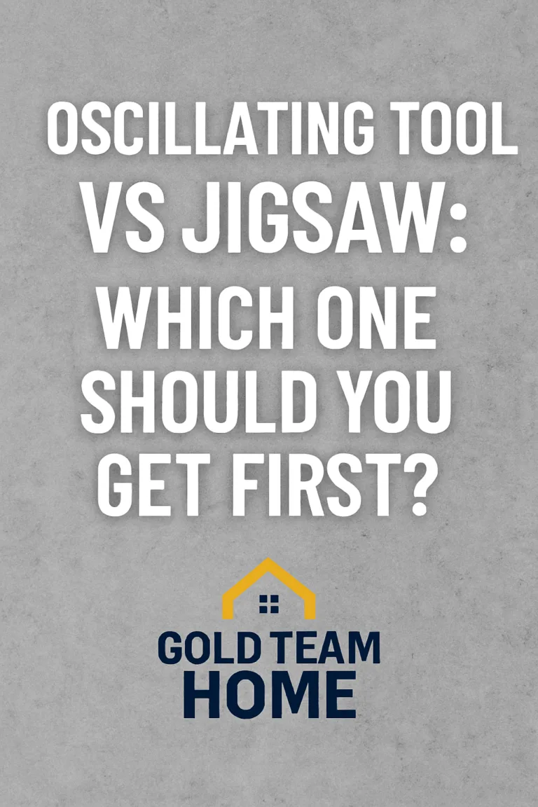 Featured image with bold white text on a gray concrete background that reads “Oscillating Tool vs Jigsaw: Which One Should You Get First?” with the Gold Team Home logo below.