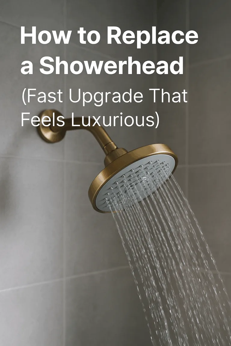 A modern showerhead being replaced by hand in a bright, stylish bathroom with overlay text that reads ‘How to Replace a Showerhead (Fast Upgrade That Feels Luxurious)’ – featured image for Gold Team Home blog post.