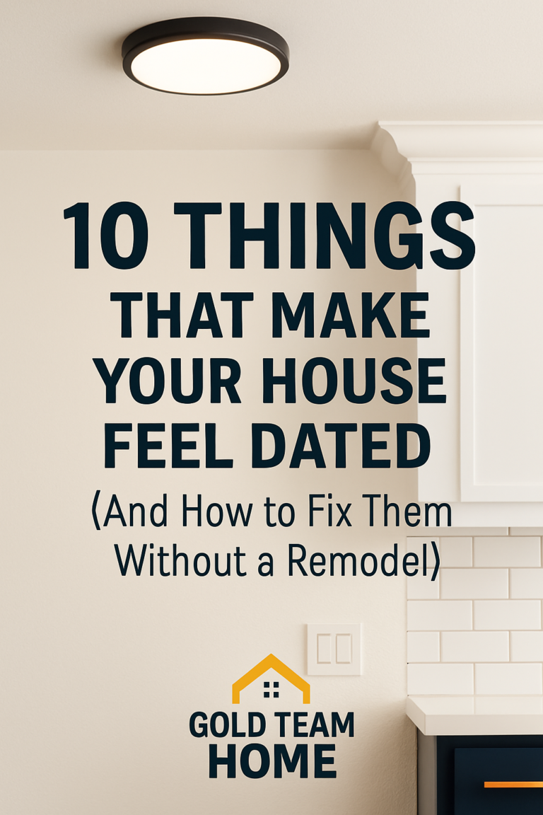 Modern interior featuring updated lighting, navy cabinets, and a white tile backsplash with overlay text “10 Things That Make Your House Feel Dated (And How to Fix Them Without a Remodel)” and the Gold Team Home logo.