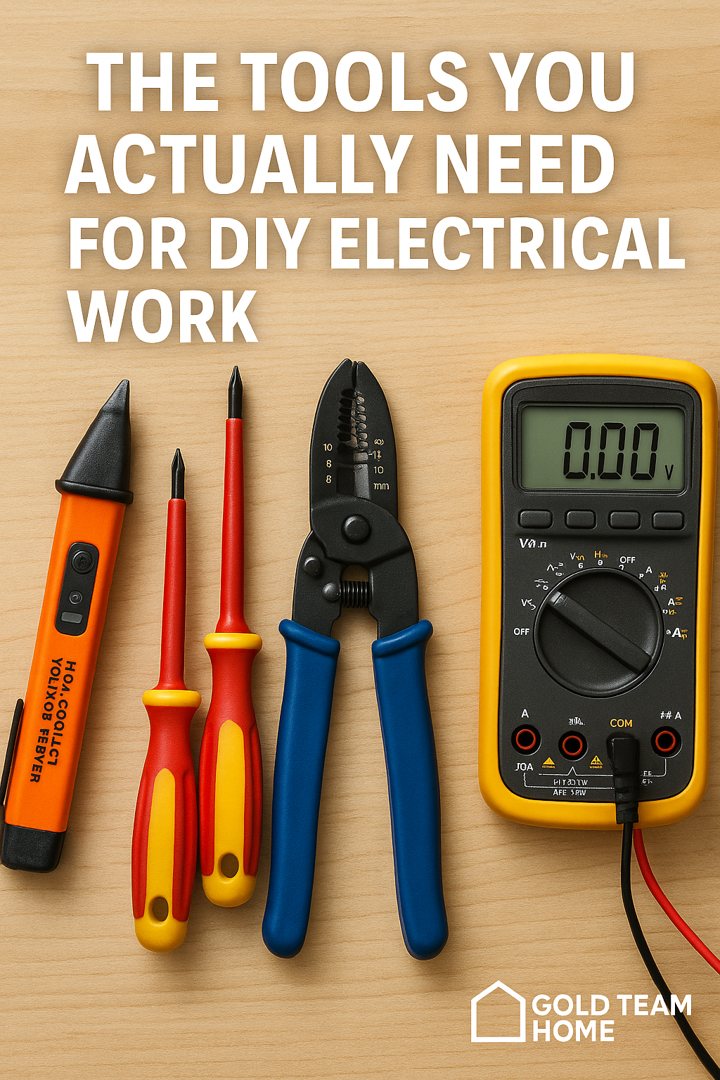 Essential DIY electrical tools on a wooden surface, including a voltage tester, insulated screwdrivers, wire strippers, and a digital multimeter — the tools you actually need for DIY electrical work.